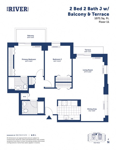 Floor plan for 2 beds, 2 baths, 1071 sqft